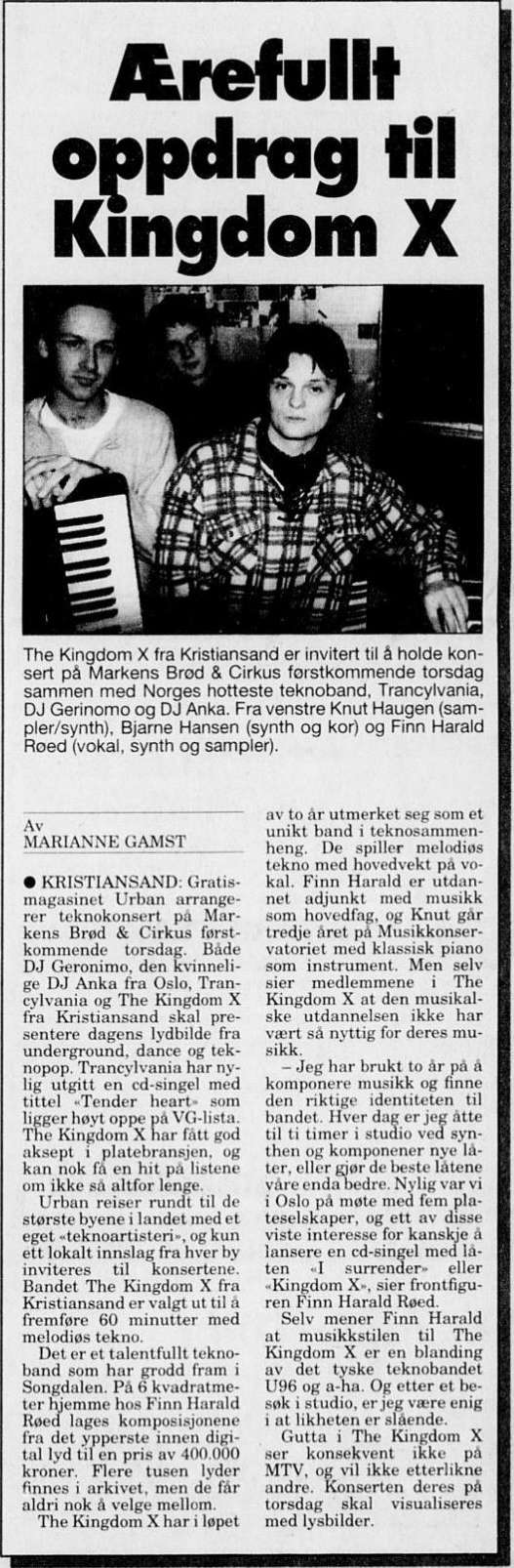Newspaper article about Trancylvania and The Kingdom X with Finn Harald Red, October 1994