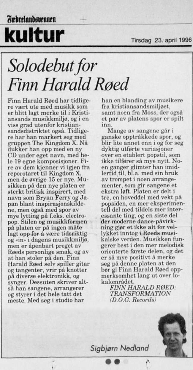 Finn Harald Red, plateanmeldelse av Sigbjrn Nedland i Fdrelandsvennen, april 1996